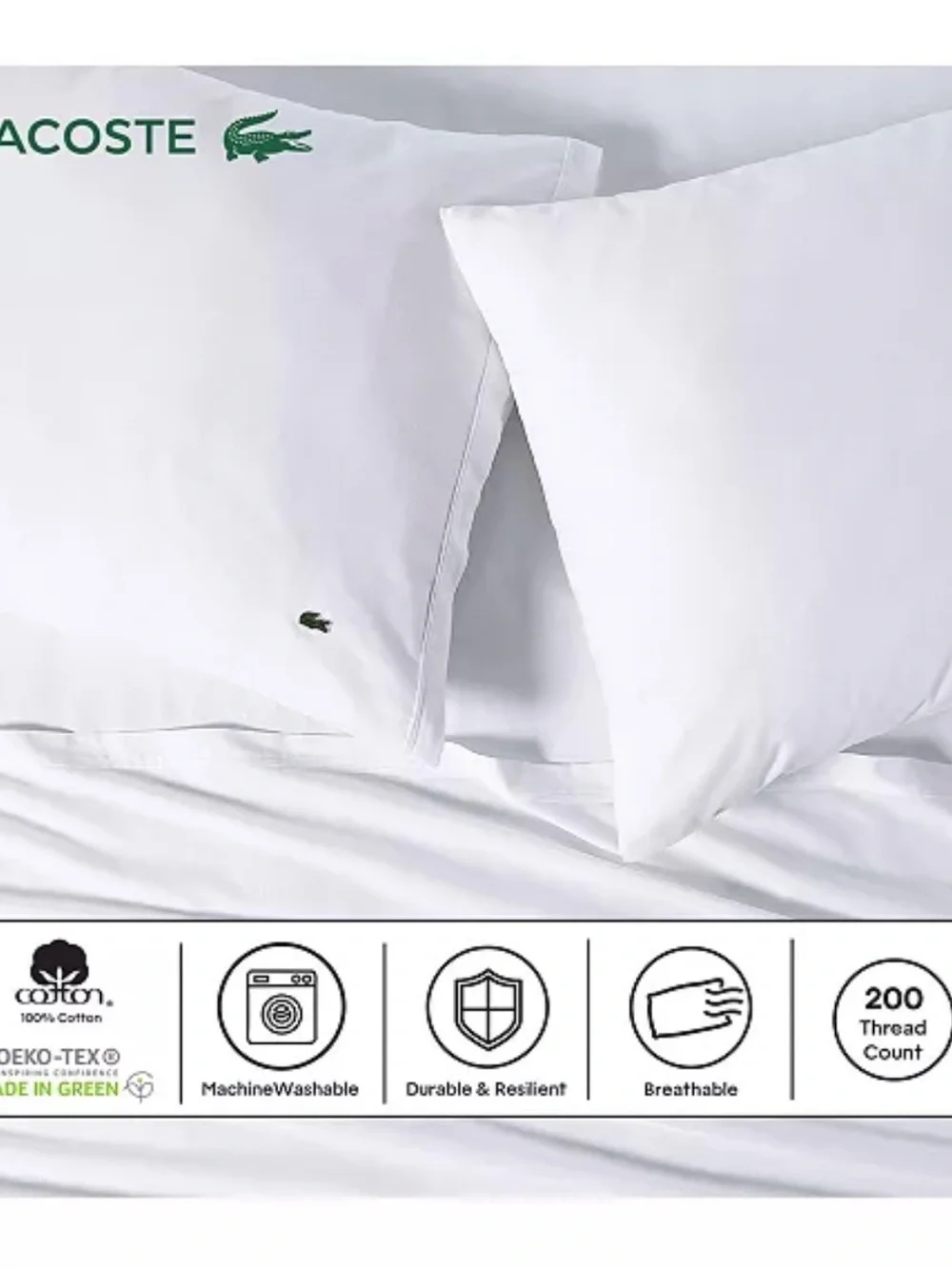 Lacoste White %100Cotton Percale 4pc Sheet Set King sheet set white